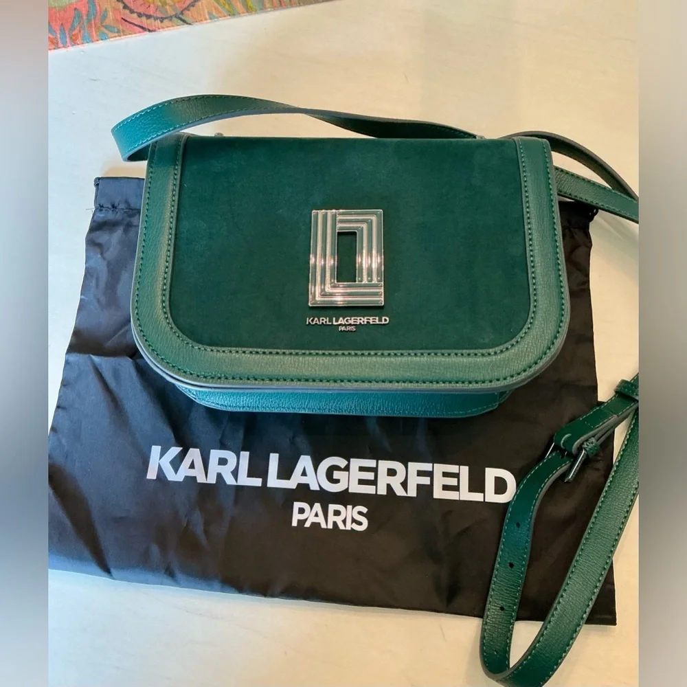Karl Lagerfeld Paris Simone Crossbody Bag in Green Jewel Leather and Suede - Picture 13 of 14